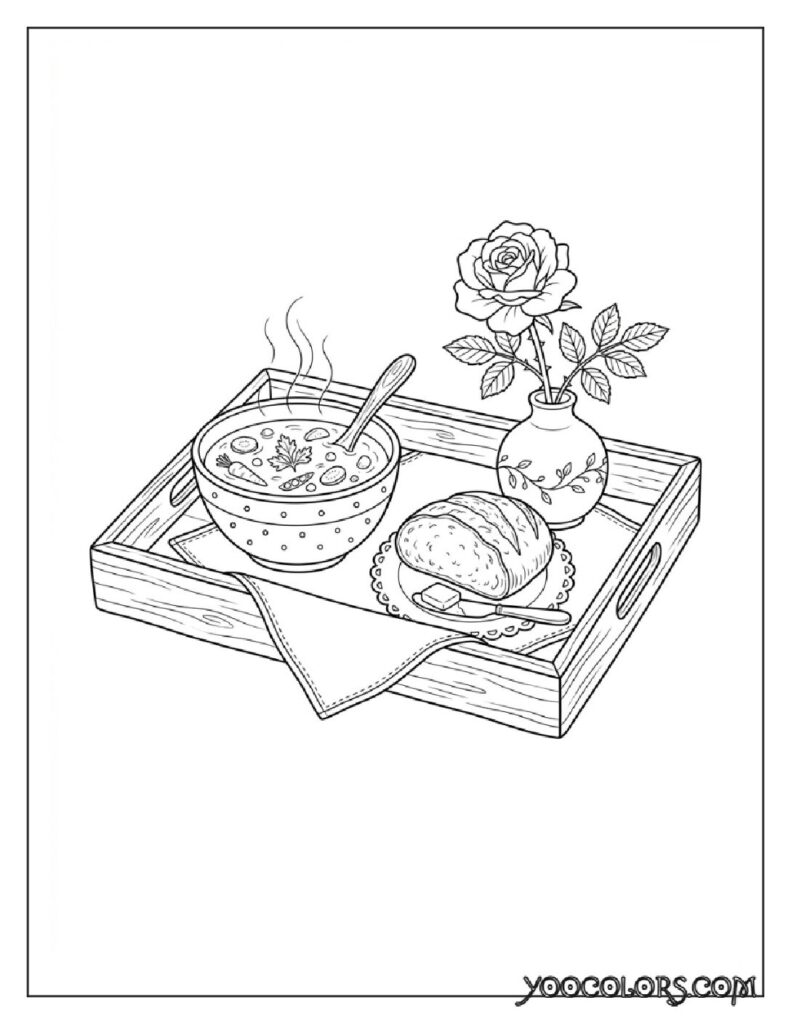 65+ Beautiful Cottagecore Coloring Pages for Relaxation and Creativity 2 Tray with soup and bread 202608191352 pdf