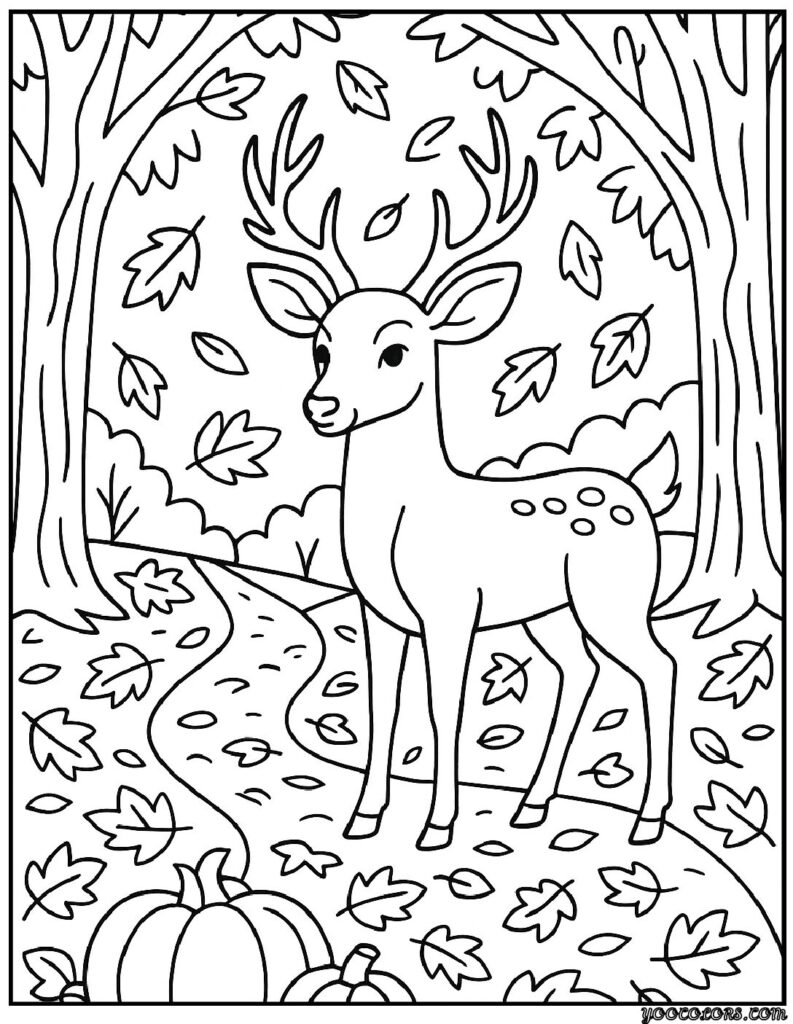Autumn Coloring Pages for Adults: Relax, Unwind & Celebrate Fall 14 autumn coloring page sfor adults Deer in Autumn Woods pdf