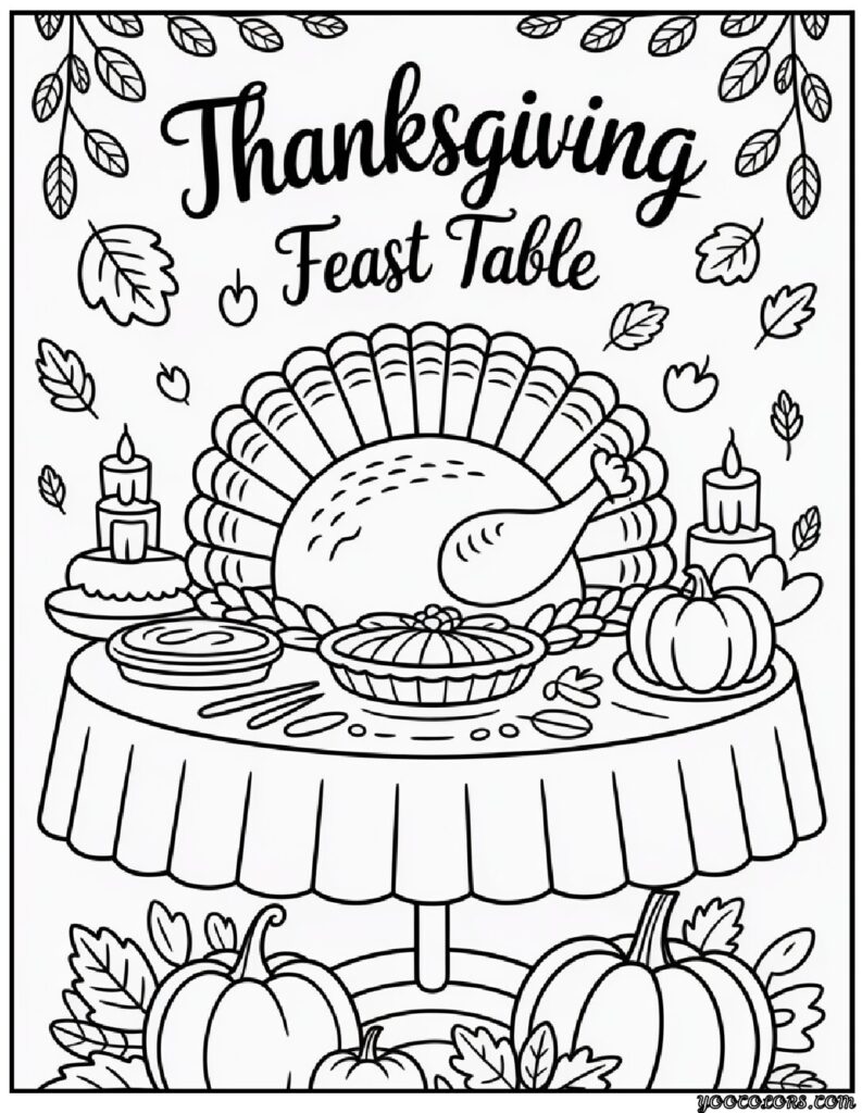 Autumn Coloring Pages for Adults: Relax, Unwind & Celebrate Fall 12 autumn coloring page sfor adults thanksgiving feast table pdf