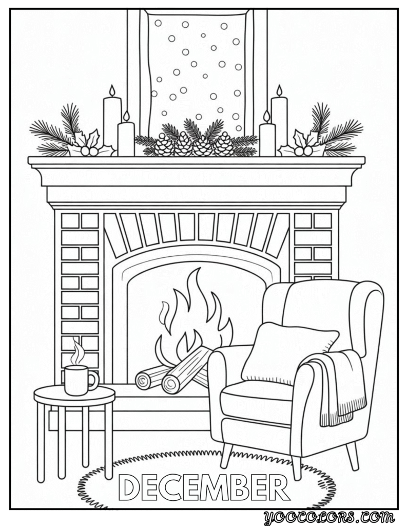 December Coloring Pages 12 Unique Free Printasble Designs 22 december coloring pages Cozy fireplace scene and 'DECEMBER' text