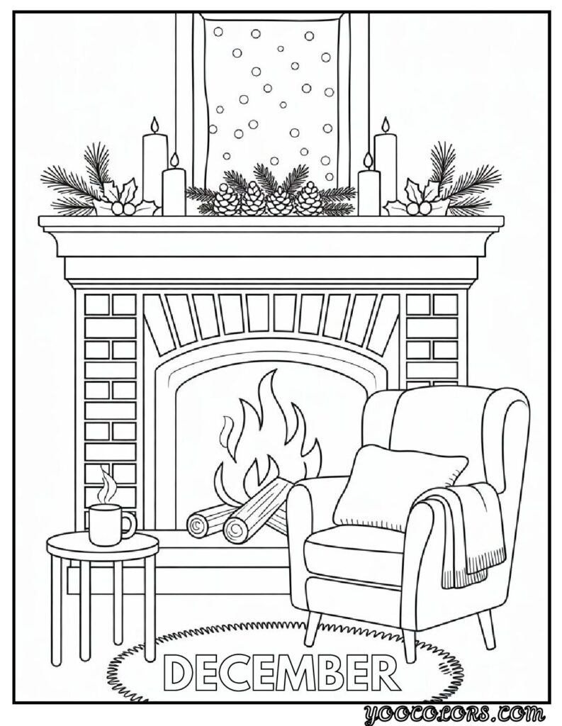 December Coloring Pages 12 Unique Free Printasble Designs 8 december coloring pages Cozy fireplace scene and DECEMBER text pdf