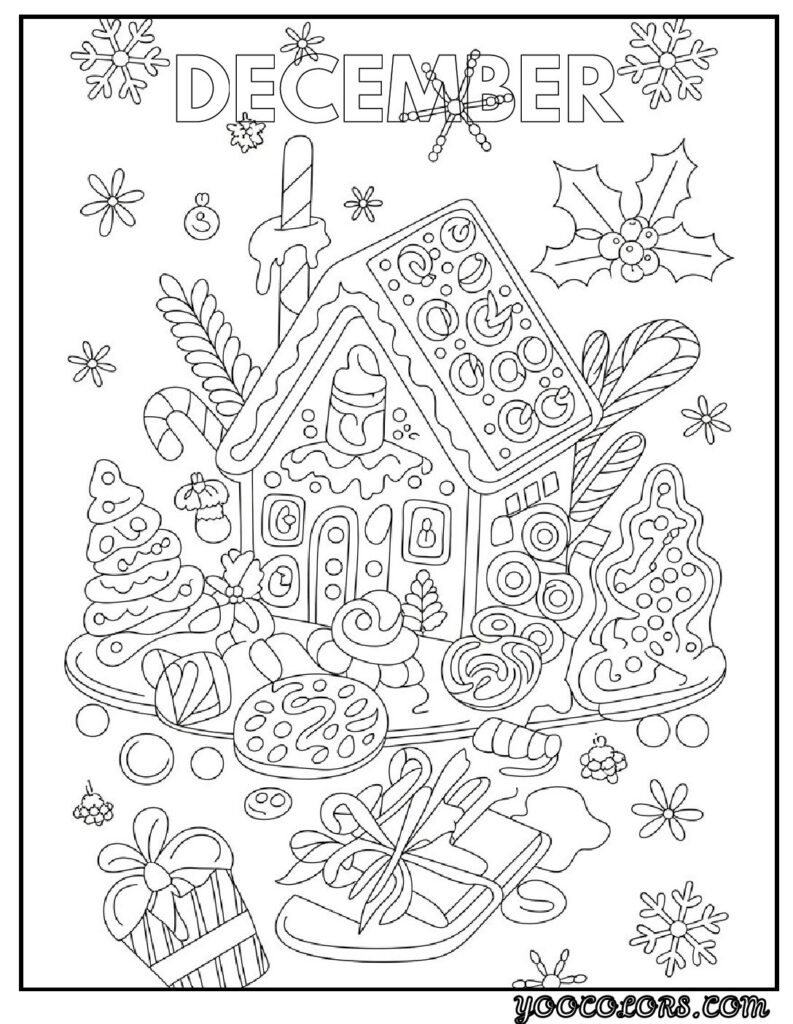 December Coloring Pages 12 Unique Free Printasble Designs 6 december coloring pages Gingerbread house and treats with DECEMBER pdf
