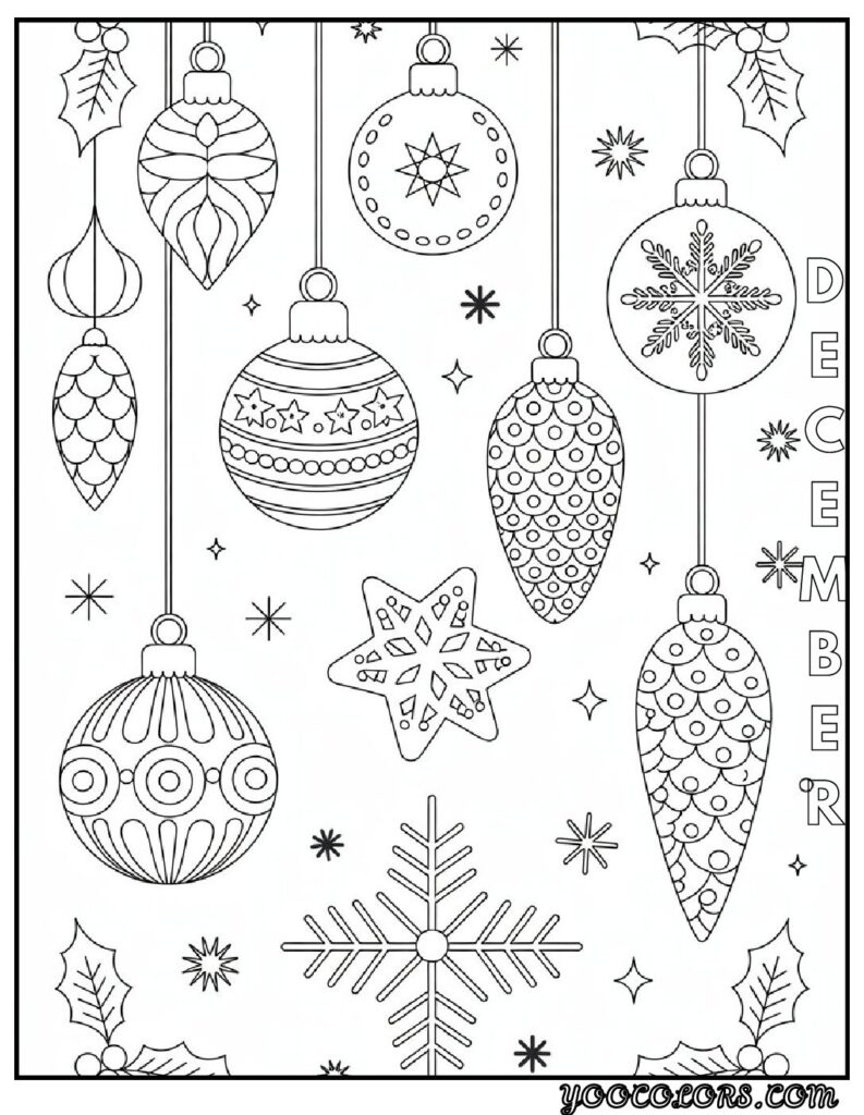 December Coloring Pages 12 Unique Free Printasble Designs 4 december coloring pages Holiday ornaments with DECEMBER lettering Christmas tree outline with DECEMBER overlay pdf
