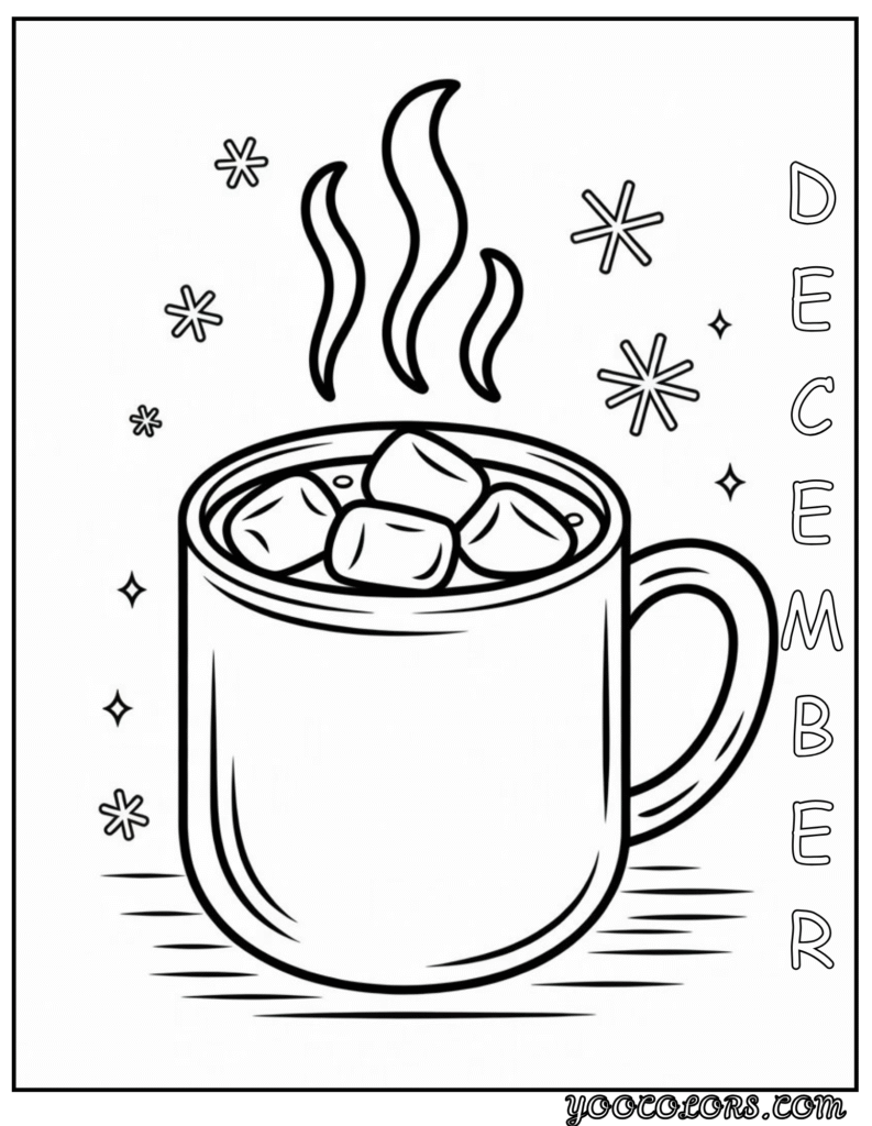 December Coloring Pages 12 Unique Free Printasble Designs 24 december coloring pages Line art of hot cocoa mug with 'DECEMBER'
