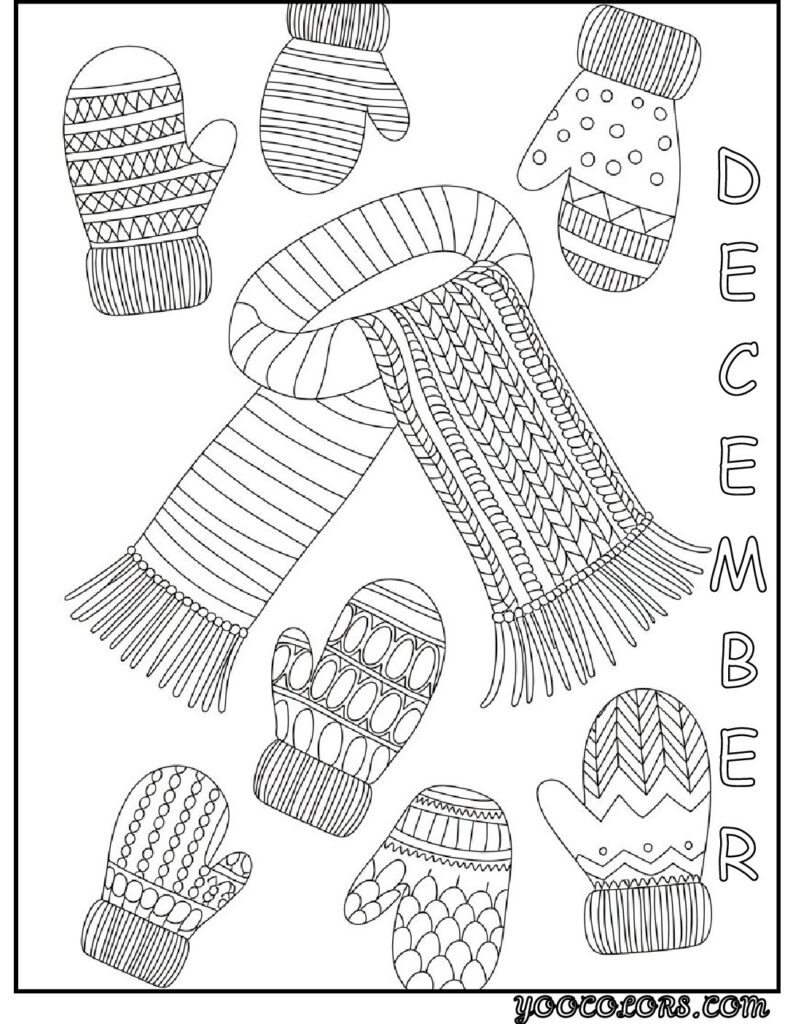 December Coloring Pages 12 Unique Free Printasble Designs 12 december coloring pages Line art of mittens and scarves with DECEMBER pdf