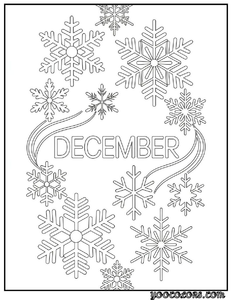 December Coloring Pages 12 Unique Free Printasble Designs 9 december coloring pages Snowflakes surrounding DECEMBER in elegant lines pdf