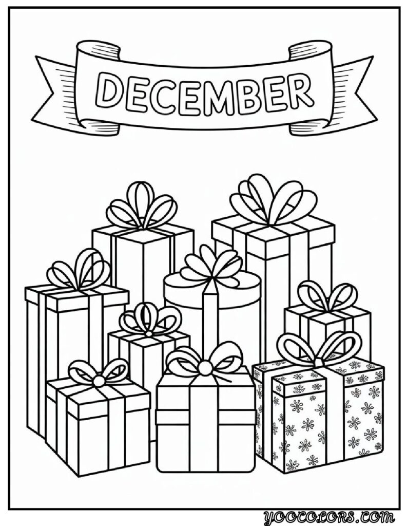 December Coloring Pages 12 Unique Free Printasble Designs 11 december coloring pages Wrapped gifts with DECEMBER banner in line art pdf