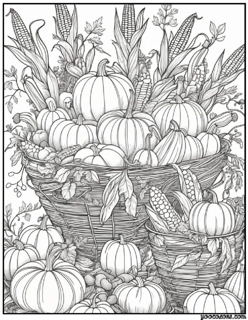 Fall Coloring Pages for Adults 19 Creative Designs to Inspire Relaxation 10 fall coloring page sfor adults Cornucopias brimming with harvest vegetables pdf