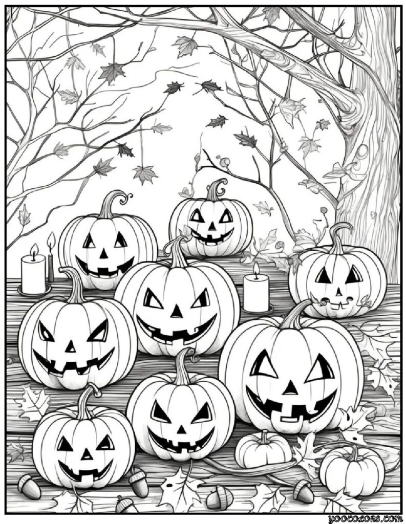 Fall Coloring Pages for Adults 19 Creative Designs to Inspire Relaxation 11 fall coloring pages for adults Halloween themed scenes with carved pumpkins pdf