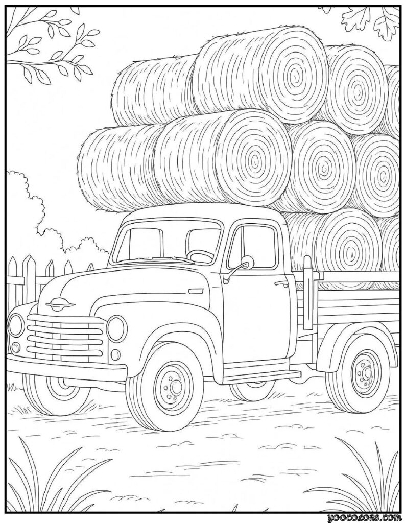Fall Coloring Pages for Adults 19 Creative Designs to Inspire Relaxation 5 fall coloring pages for adults Vintage pickup trucks loaded with hay bales pdf