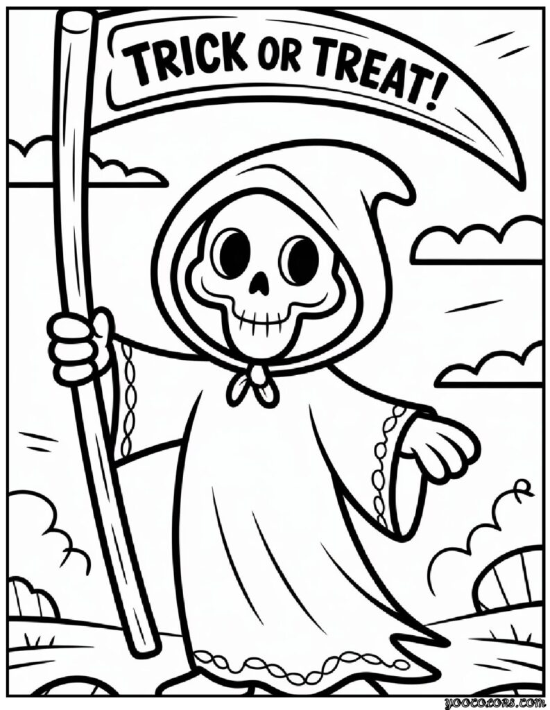 Grim Reaper Coloring Pages: Free, Scary, and Creative Printables 10 grim reaper coloring pasges Cartoon Grim Reaper with oversized scythe pdf