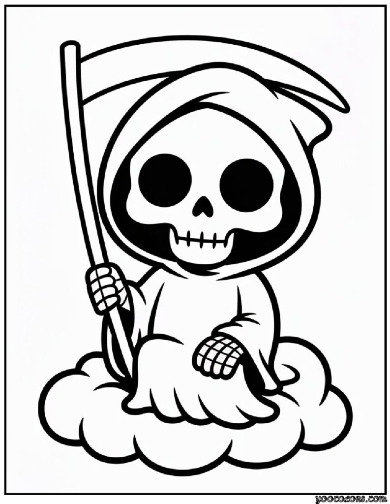 Grim Reaper Coloring Pages: Free, Scary, and Creative Printables 12 grim reaper coloring pasges Chibi Grim Reaper sitting on a cloud pdf