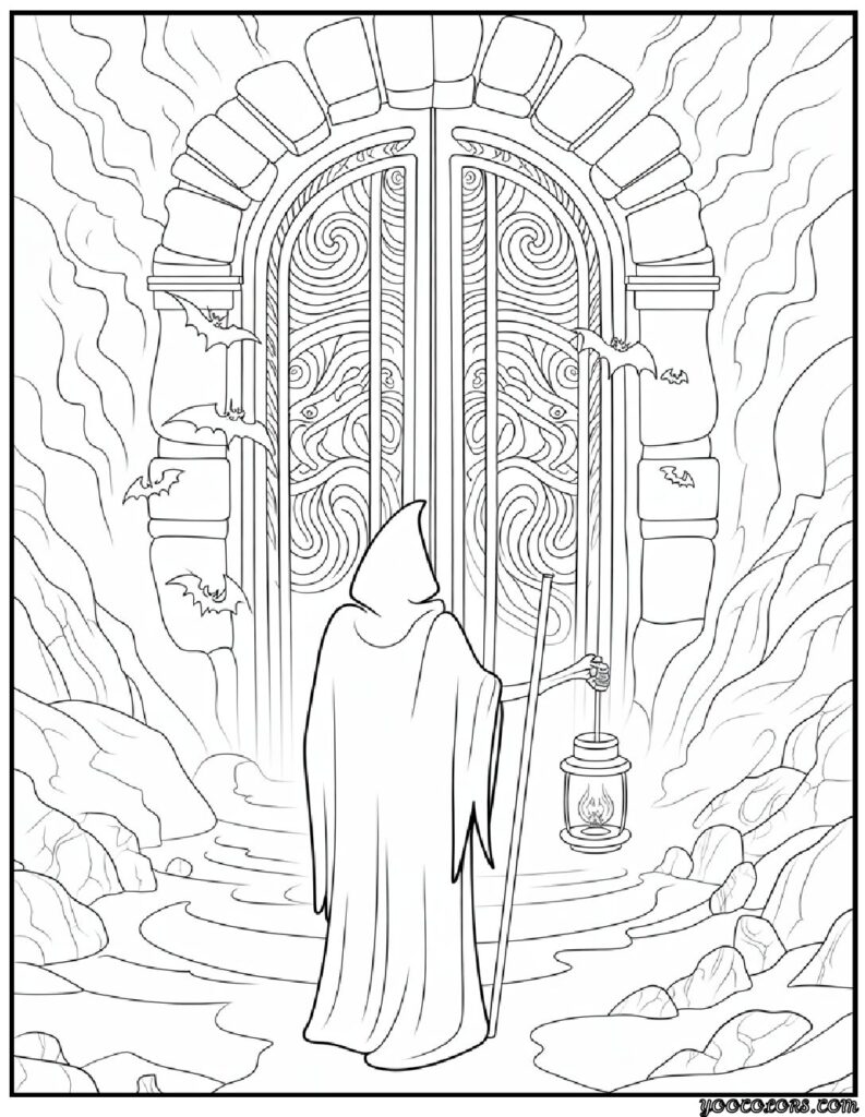 Grim Reaper Coloring Pages: Free, Scary, and Creative Printables 8 grim reaper coloring pasges Grim Reaper at the gates of the underworld pdf
