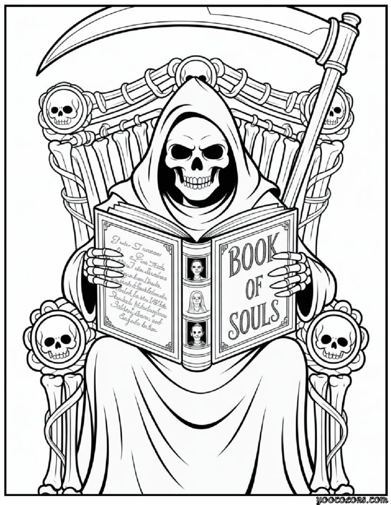 Grim Reaper Coloring Pages: Free, Scary, and Creative Printables 9 grim reaper coloring pasges Grim Reaper sitting on a throne of bones pdf