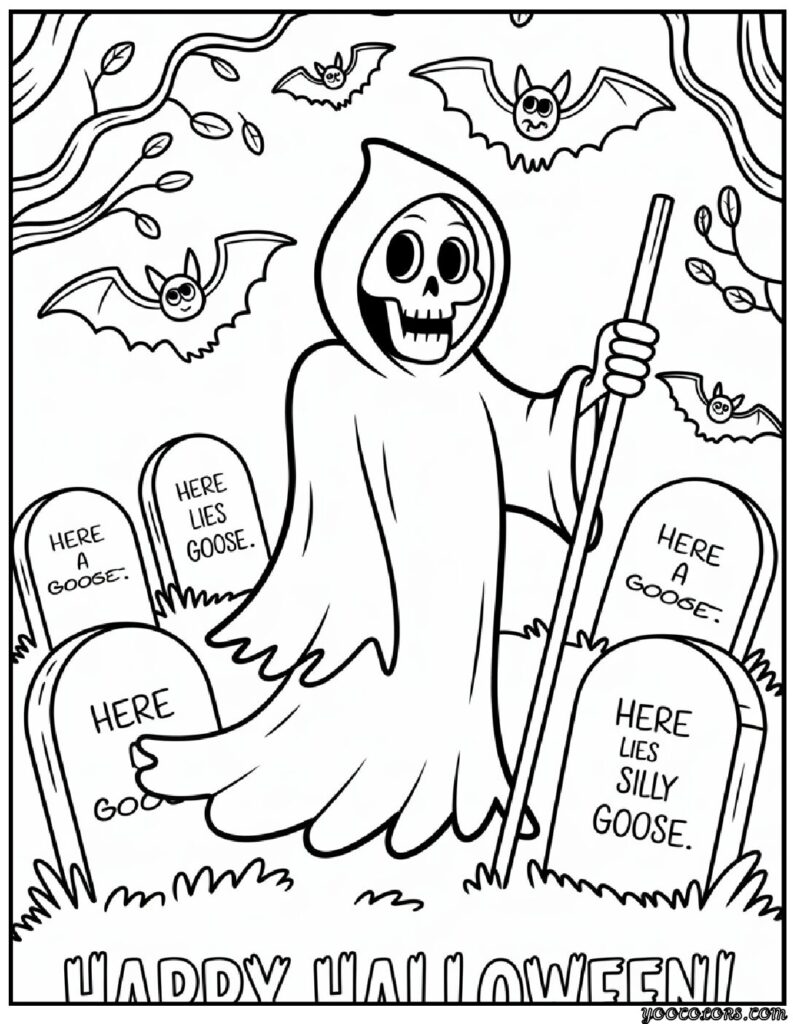 Grim Reaper Coloring Pages: Free, Scary, and Creative Printables 6 grim reaper coloring pasges Grim Reaper standing in a spooky graveyard pdf