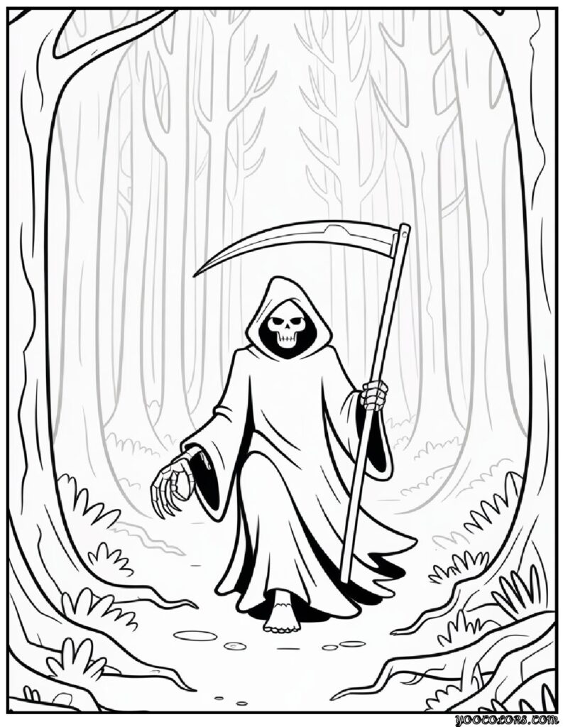 Grim Reaper Coloring Pages: Free, Scary, and Creative Printables 5 grim reaper coloring pasges Grim Reaper walking through a foggy forest 1 pdf