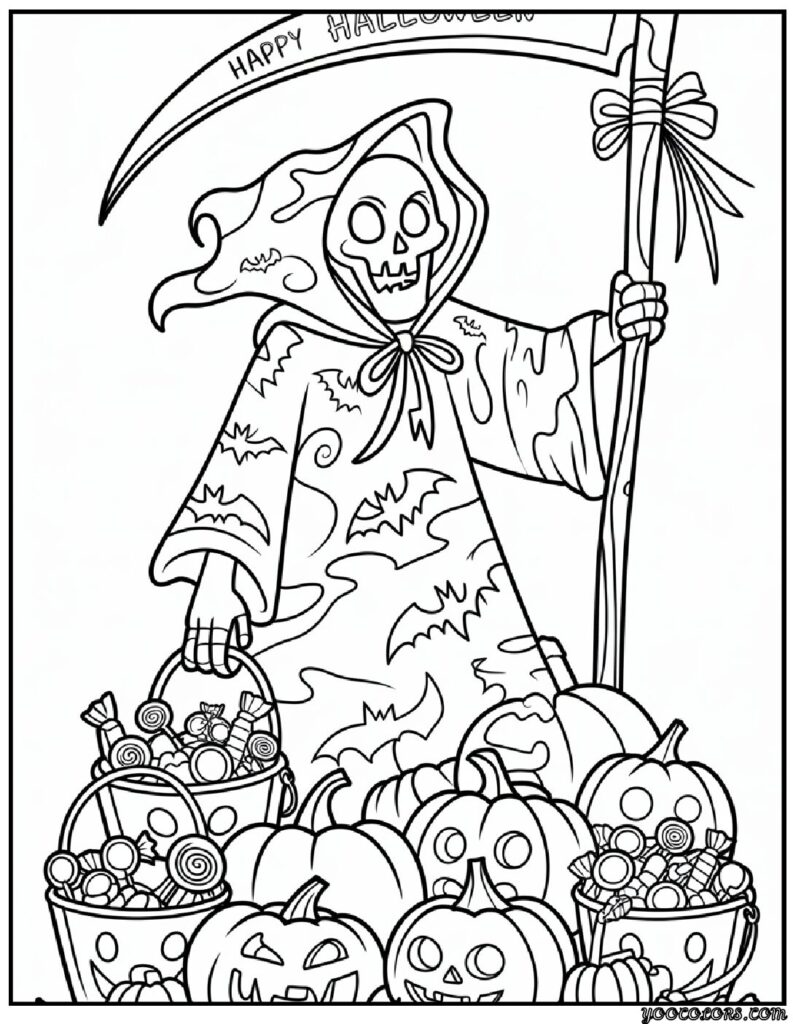 Grim Reaper Coloring Pages: Free, Scary, and Creative Printables 11 grim reaper coloring pasges Halloween Grim Reaper with pumpkins pdf