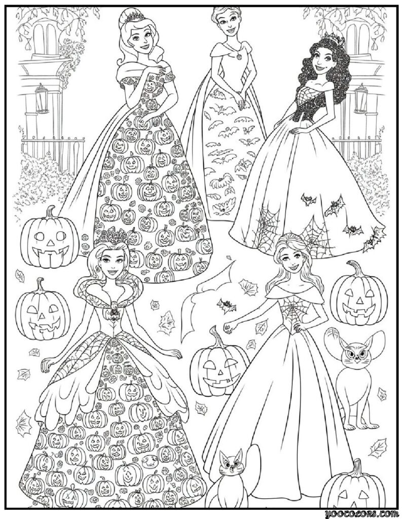 halloween coloring pages disney Princesses in Halloween Dresses pdf