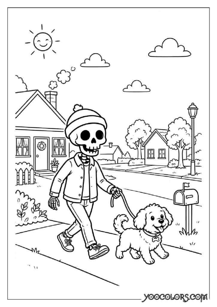 48 Halloween Coloring Pages for Fun and Creative Festive Activities 29 skeleton walking dog pdf