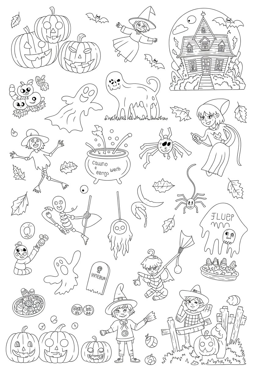 20 Halloween Coloring Pages for Fun and Creative Festive Activities 2 A collection of 20 Halloween scenes including pumpkins, haunted houses, witches, black cats, ghosts, skeletons, spiders, cauldrons, gravestones, candy, scarecrows, and children in costumes.