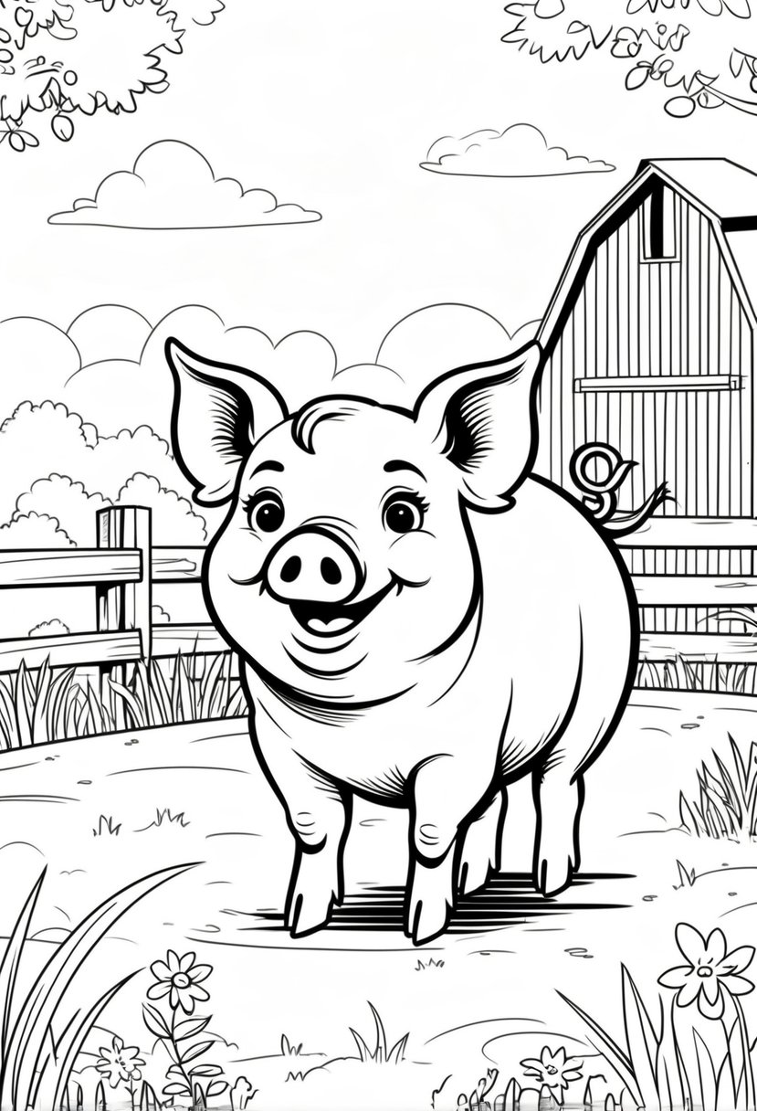 Farm Animal Coloring Pages: Top 20 Designs for Educational and Fun Activities 24 A pig standing in a farm setting with a fence, barn, grass, and flowers around it.