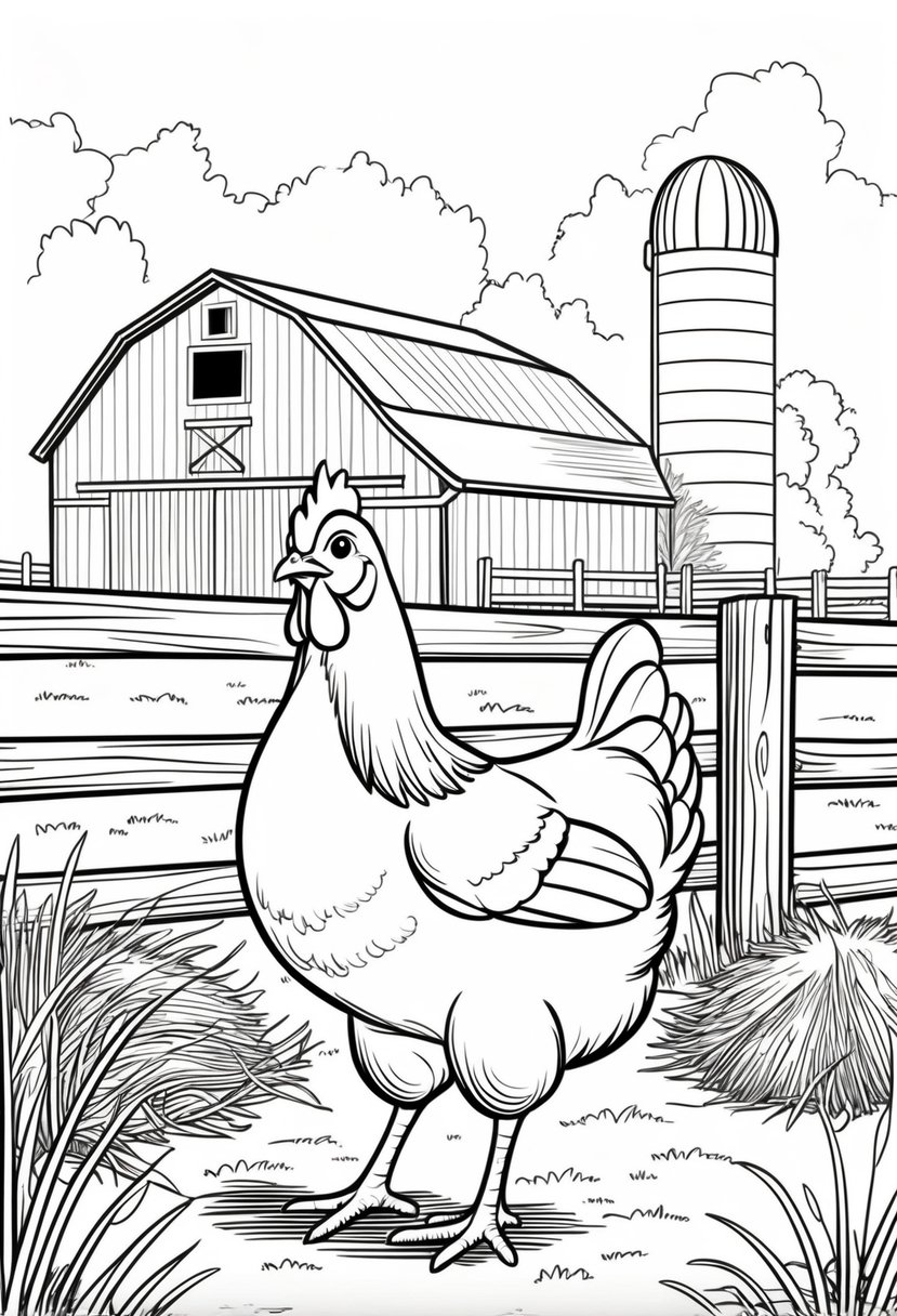 Farm Animal Coloring Pages: Top 20 Designs for Educational and Fun Activities 25 A chicken standing on grass near a wooden fence with a barn and silo in the background.