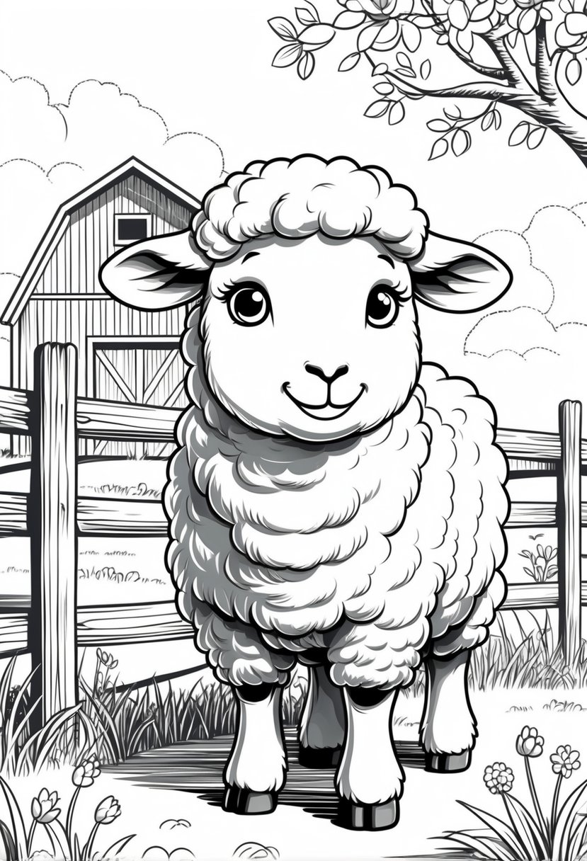 Farm Animal Coloring Pages: Top 20 Designs for Educational and Fun Activities 26 A sheep standing on a farm with a fence, grass, flowers, a barn, and a tree in the background.