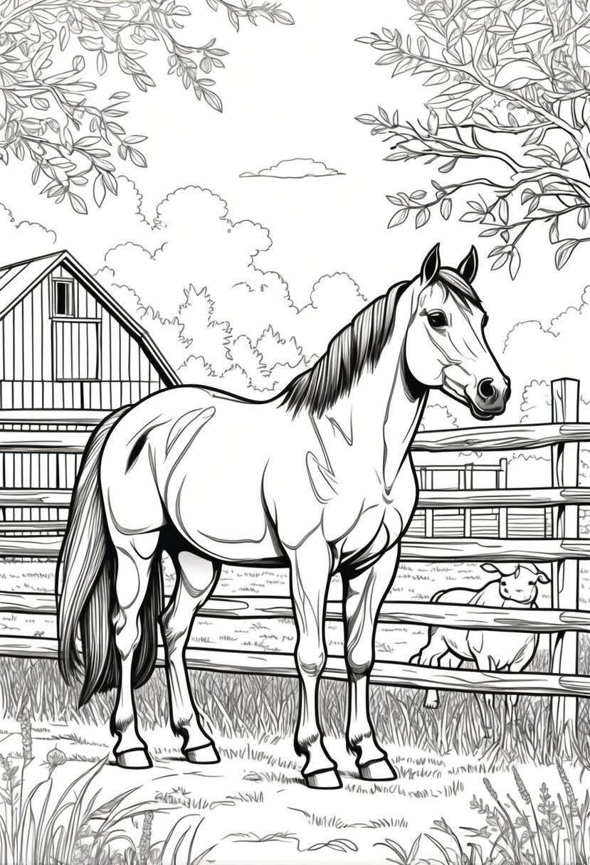 Farm Animal Coloring Pages: Top 20 Designs for Educational and Fun Activities 27 A horse standing on a farm with a wooden fence, barn, grass, and other farm animals nearby.