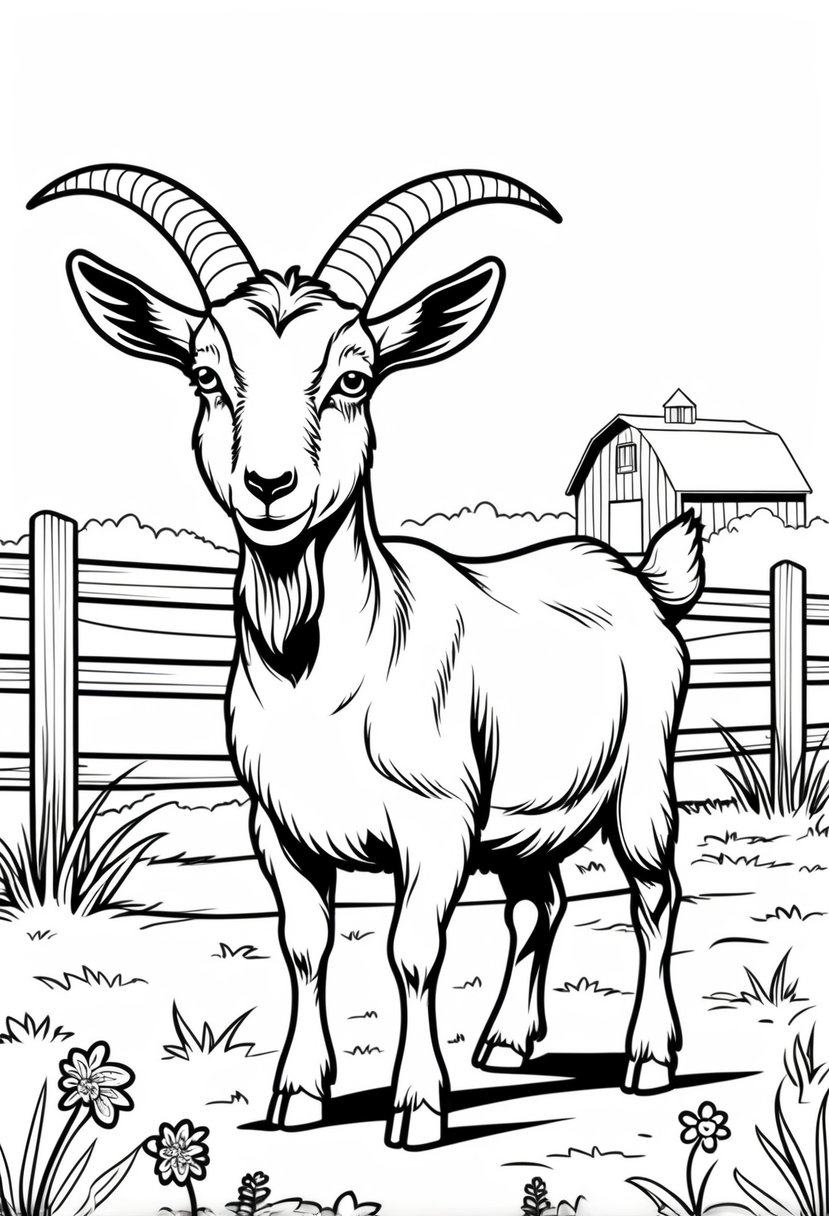 Farm Animal Coloring Pages: Top 20 Designs for Educational and Fun Activities 28 A goat standing on a farm with a fence, grass, flowers, and a barn in the background.