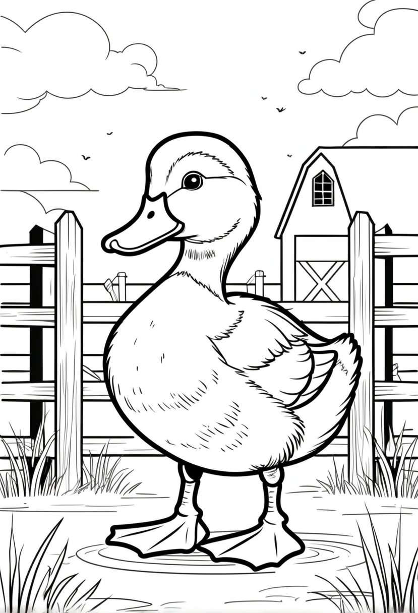 Farm Animal Coloring Pages: Top 20 Designs for Educational and Fun Activities 29 A duck standing on grass with a fence and barn in the background on a farm.