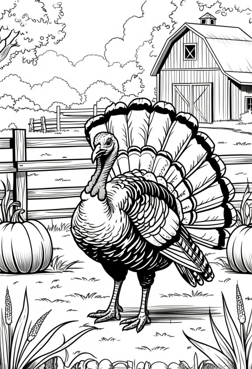 Farm Animal Coloring Pages: Top 20 Designs for Educational and Fun Activities 30 A farm scene with a turkey standing in front of a fence and barn, surrounded by hay bales and plants.