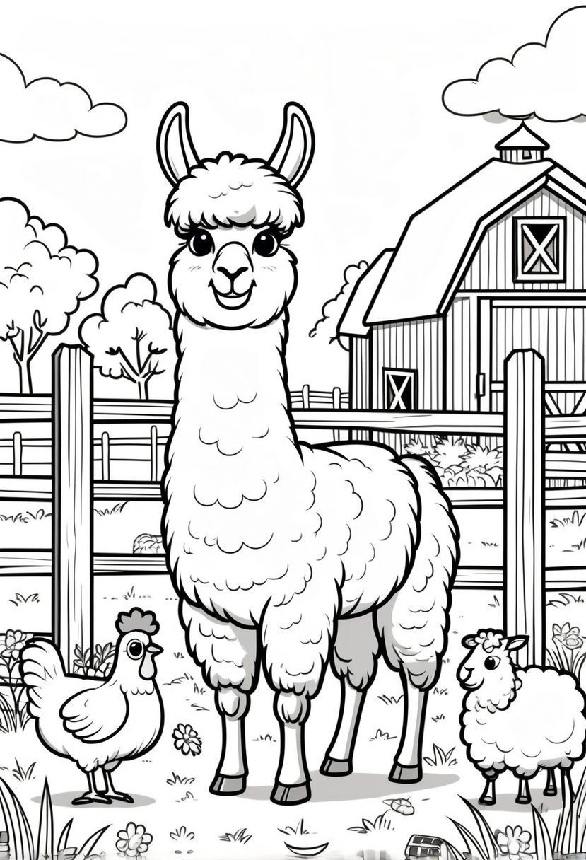 Farm Animal Coloring Pages: Top 20 Designs for Educational and Fun Activities 31 A llama standing on a farm with a fence, barn, grass, flowers, a chicken, and a sheep nearby.