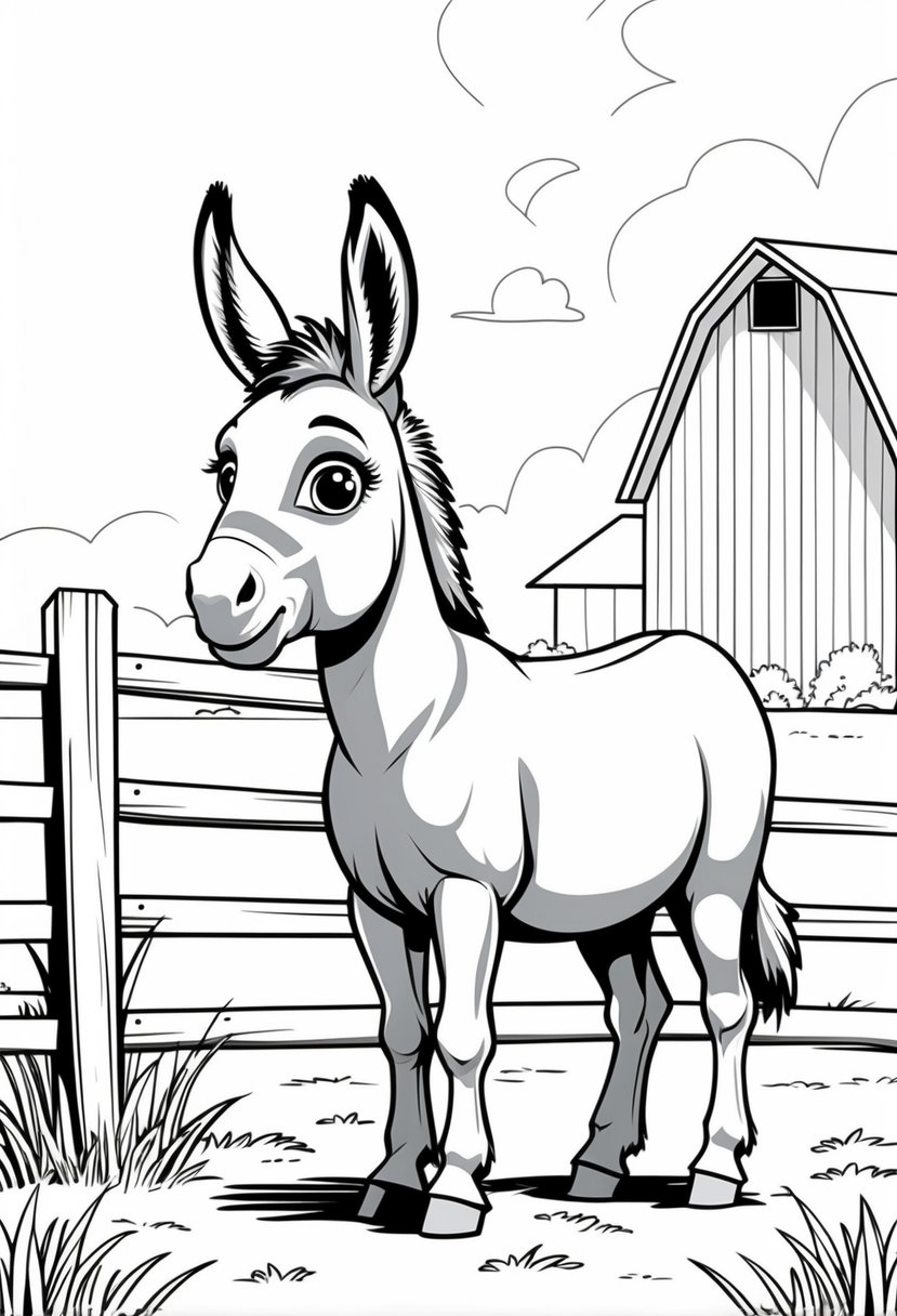 Farm Animal Coloring Pages: Top 20 Designs for Educational and Fun Activities 32 A donkey standing near a wooden fence with grass and a barn in the background on a farm.
