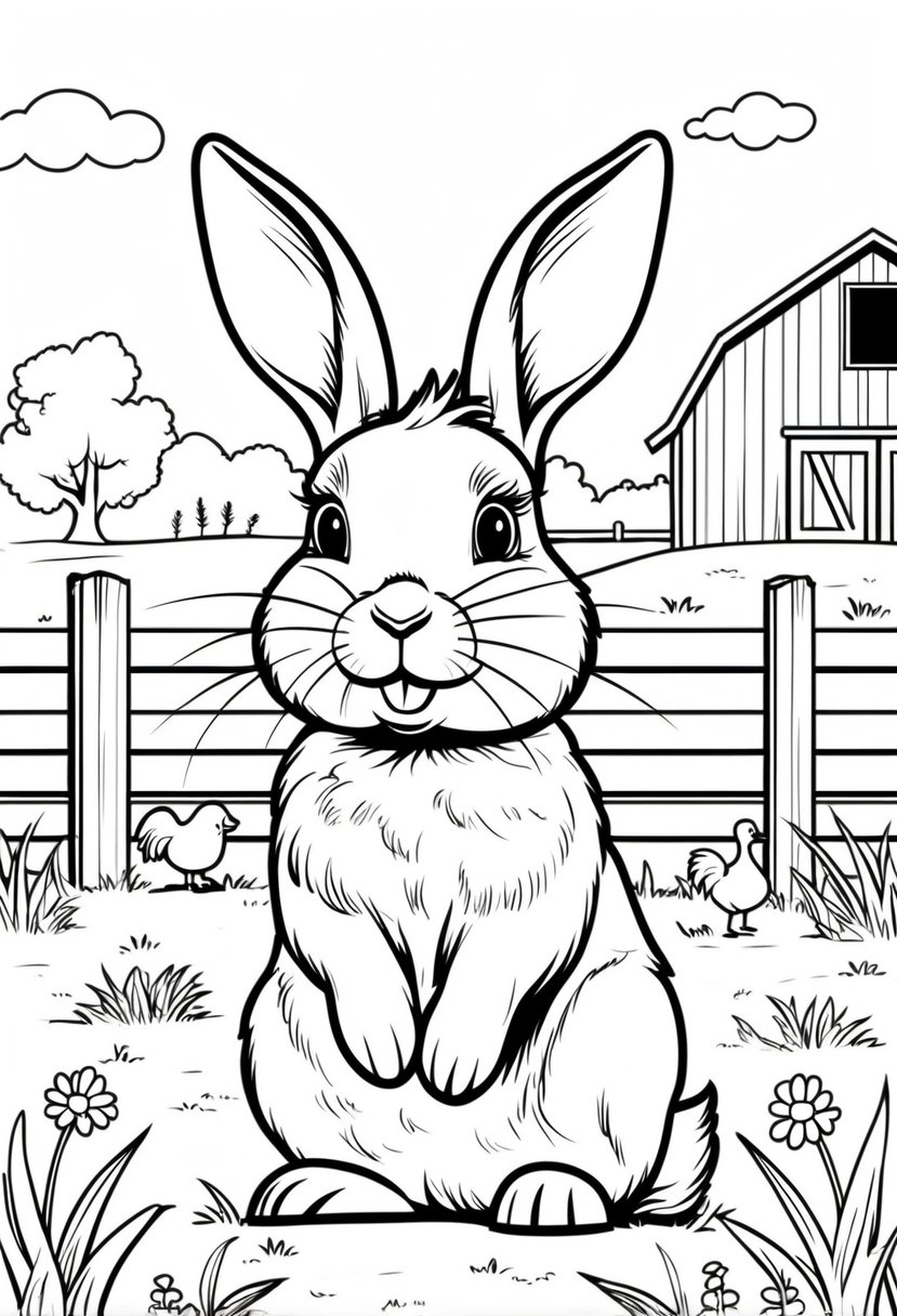 Farm Animal Coloring Pages: Top 20 Designs for Educational and Fun Activities 33 A rabbit sitting on grass with a wooden fence, flowers, a barn, and a few farm animals in the background.