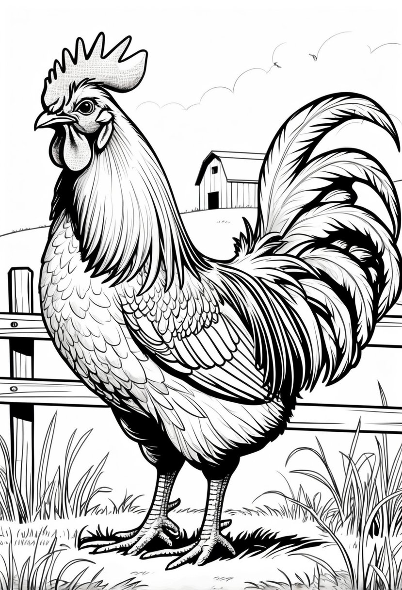 Farm Animal Coloring Pages: Top 20 Designs for Educational and Fun Activities 34 A rooster standing on grass with a fence and barn in the background on a farm.