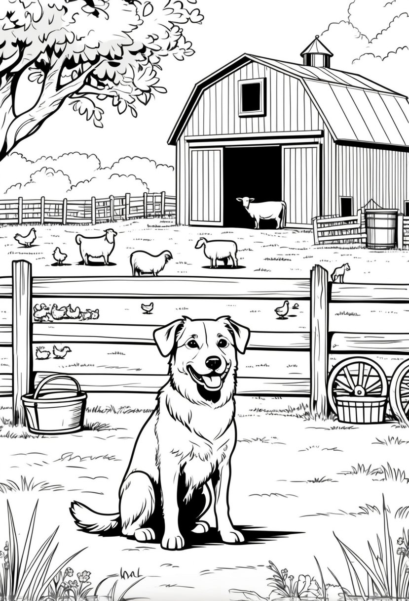 Farm Animal Coloring Pages: Top 20 Designs for Educational and Fun Activities 35 A dog sitting in a farmyard with a barn, a wooden fence, chickens, a cow, a sheep, grass, a tree, and farm tools nearby.
