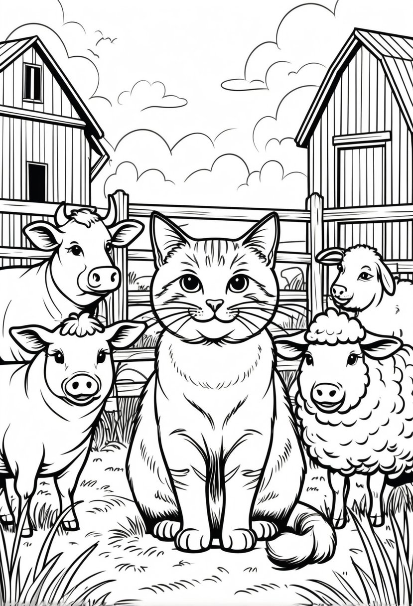 Farm Animal Coloring Pages: Top 20 Designs for Educational and Fun Activities 36 A cat sitting in a farmyard surrounded by a cow, pig, chicken, and sheep near a barn and fence.