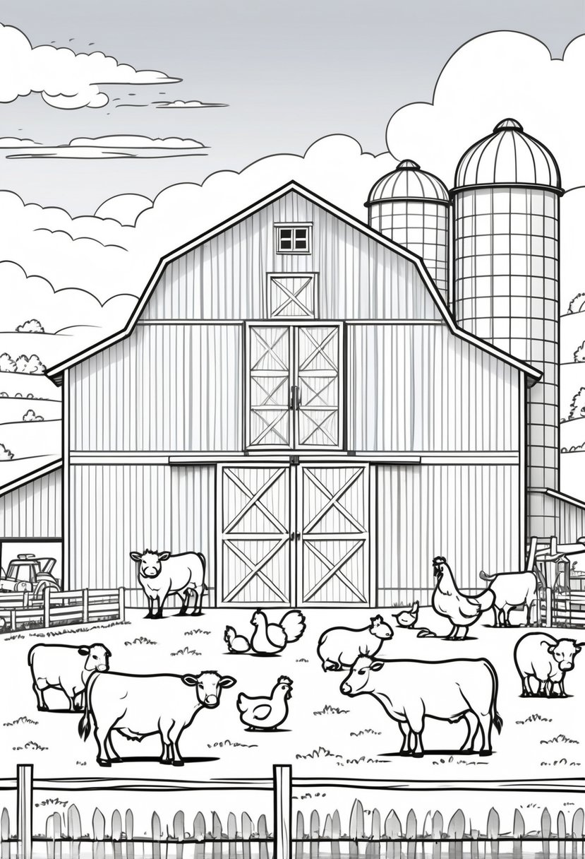 Farm Animal Coloring Pages: Top 20 Designs for Educational and Fun Activities 37 A farm scene with a barn, silo, fence, and various farm animals including cows, chickens, pigs, and sheep.