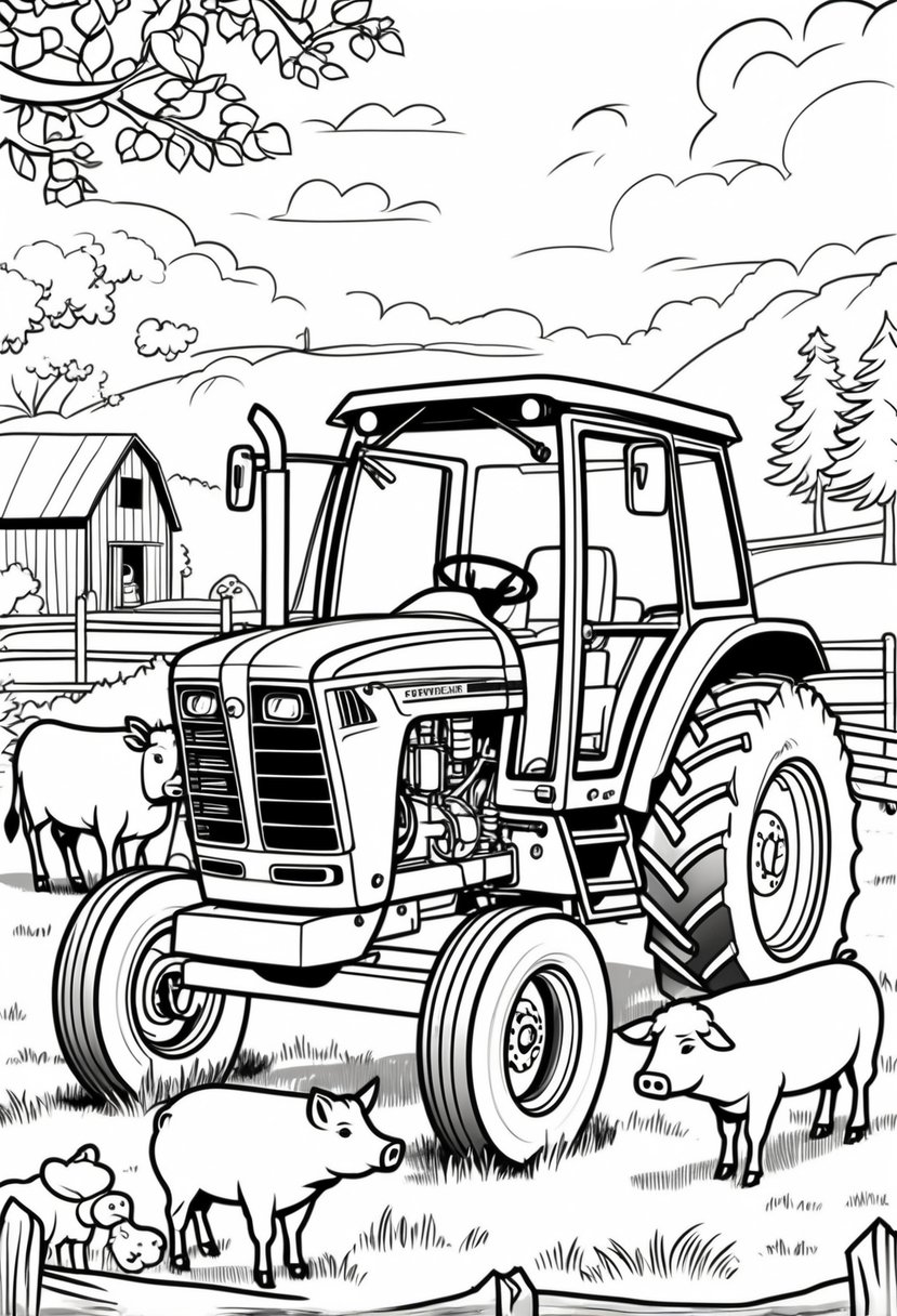 Farm Animal Coloring Pages: Top 20 Designs for Educational and Fun Activities 38 A farm tractor surrounded by a cow, pig, chicken, and sheep with a barn and fence in the background.