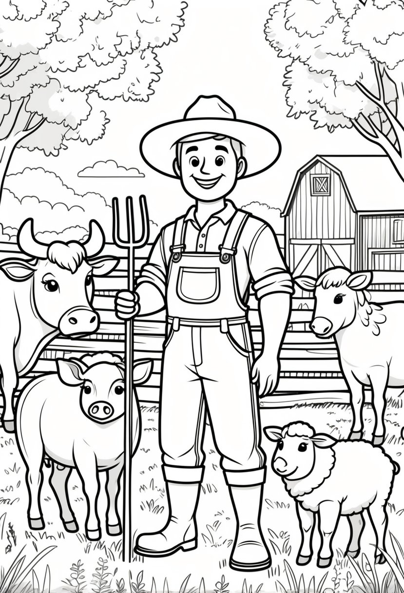 Farm Animal Coloring Pages: Top 20 Designs for Educational and Fun Activities 39 A farmer standing with a cow, pig, sheep, chicken, and horse on a farm with a barn and fence in the background.