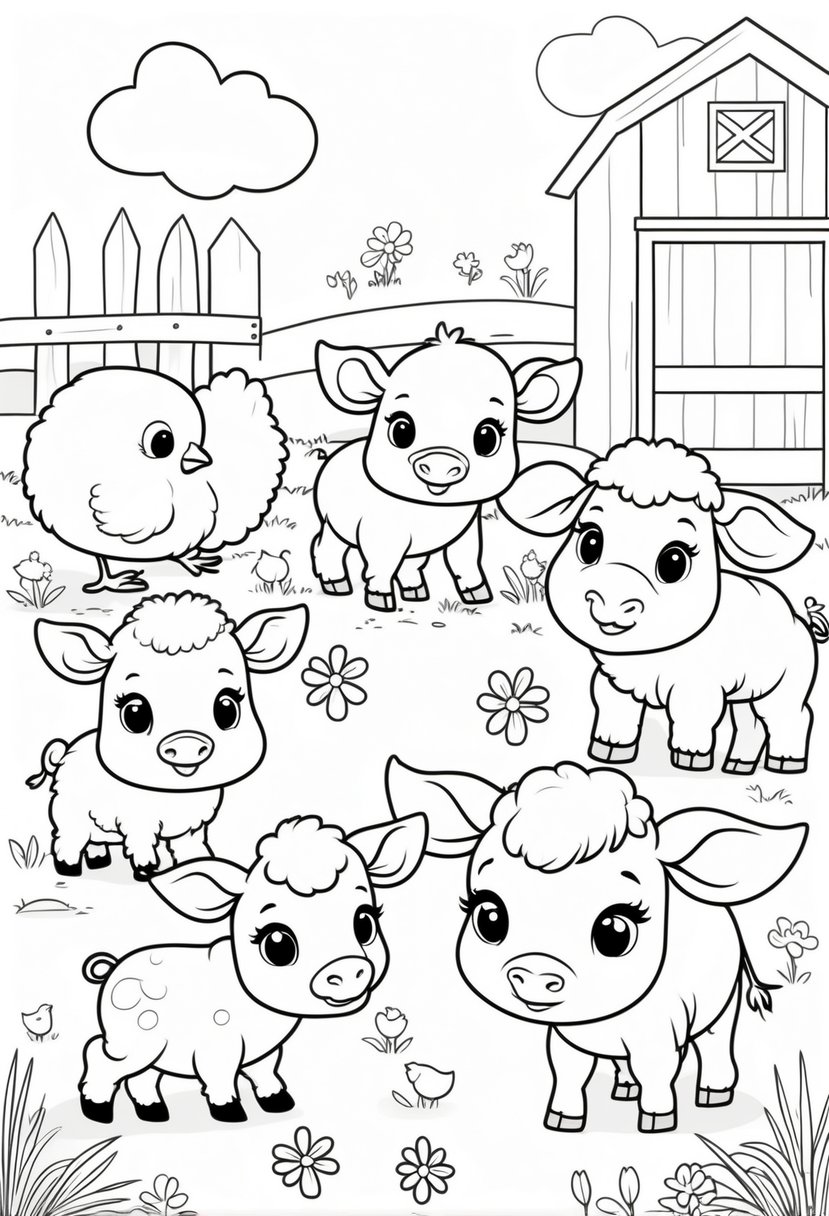 Farm Animal Coloring Pages: Top 20 Designs for Educational and Fun Activities 40 A group of baby farm animals including a chick, piglet, lamb, calf, and bunny near a fence and flowers with a barn in the background.