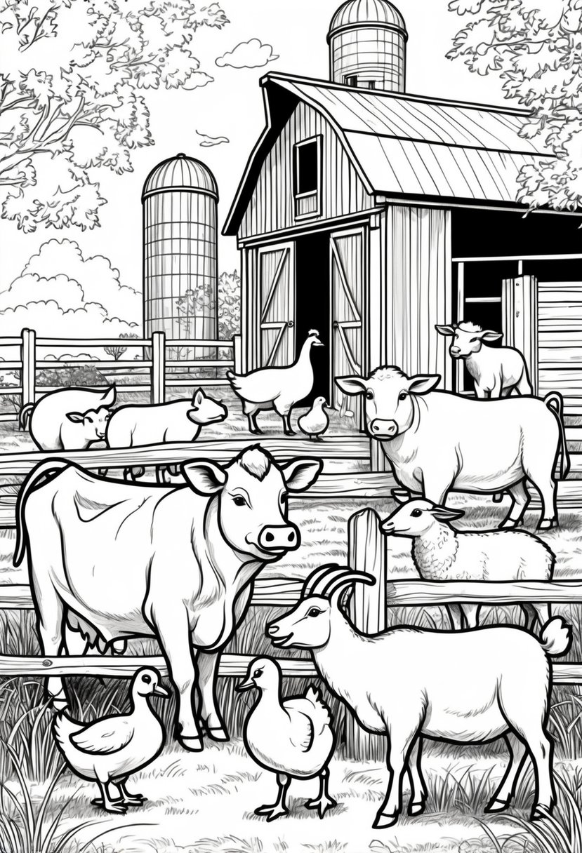 Farm Animal Coloring Pages: Top 20 Designs for Educational and Fun Activities 41 A farm scene showing a cow, pig, chicken, sheep, goat, and duck near a barn with a fence and grass.