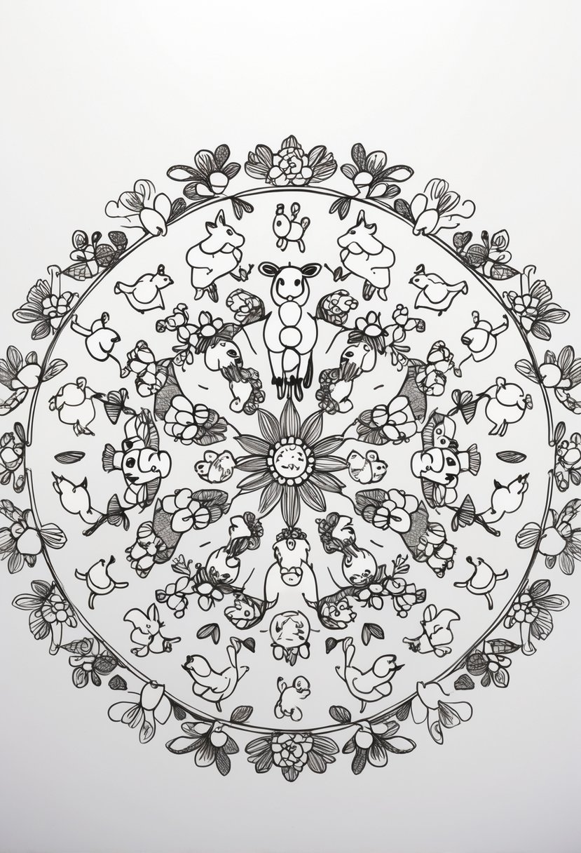 Farm Animal Coloring Pages: Top 20 Designs for Educational and Fun Activities 42 A circular arrangement of farm animals including cows, pigs, chickens, sheep, ducks, horses, and goats surrounded by floral and leafy patterns.