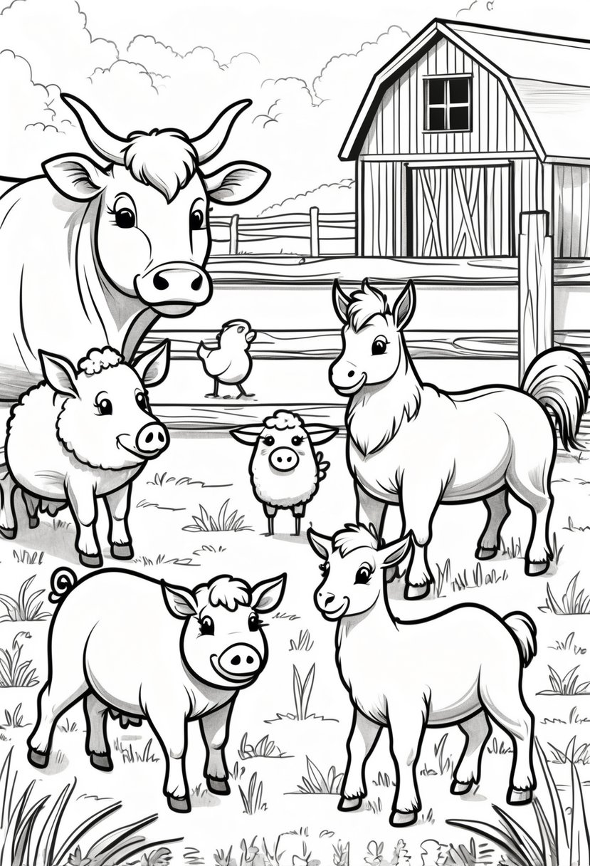 Farm Animal Coloring Pages: Top 20 Designs for Educational and Fun Activities 43 A group of farm animals including a cow, pig, sheep, rooster, horse, and goat near a barn and fence with grass and farm tools around them.