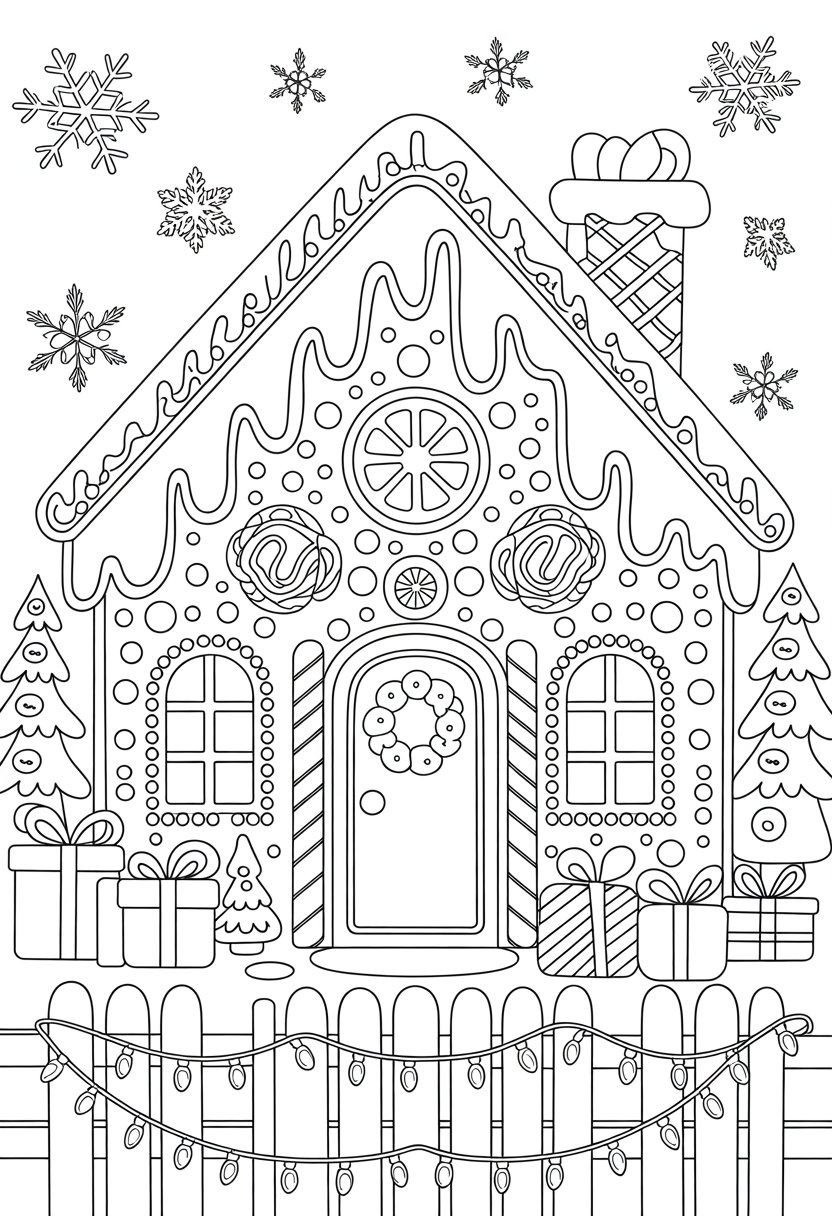 Merry Christmas Coloring Pages for Kids and Adults: 18 Fun Designs to Download 26 A gingerbread house decorated with candy canes, gumdrops, and a wreath, surrounded by pine trees, gifts, and falling snow.