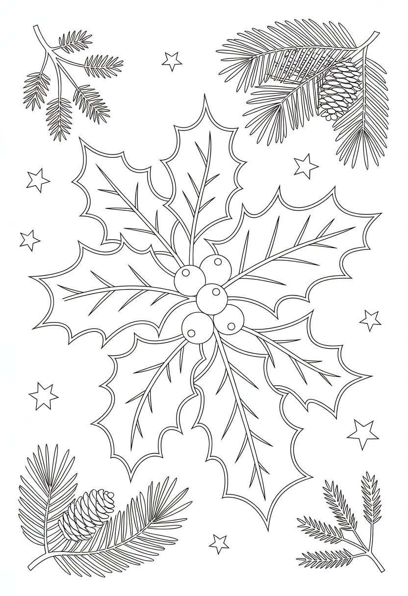 Merry Christmas Coloring Pages for Kids and Adults: 18 Fun Designs to Download 28 A detailed drawing of holly leaves and berries surrounded by pine cones, mistletoe, and stars arranged in a festive Christmas scene.