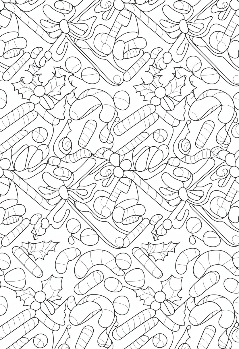 Merry Christmas Coloring Pages for Kids and Adults: 18 Fun Designs to Download 32 A pattern of candy canes with bows and holly leaves arranged in a repeating design.