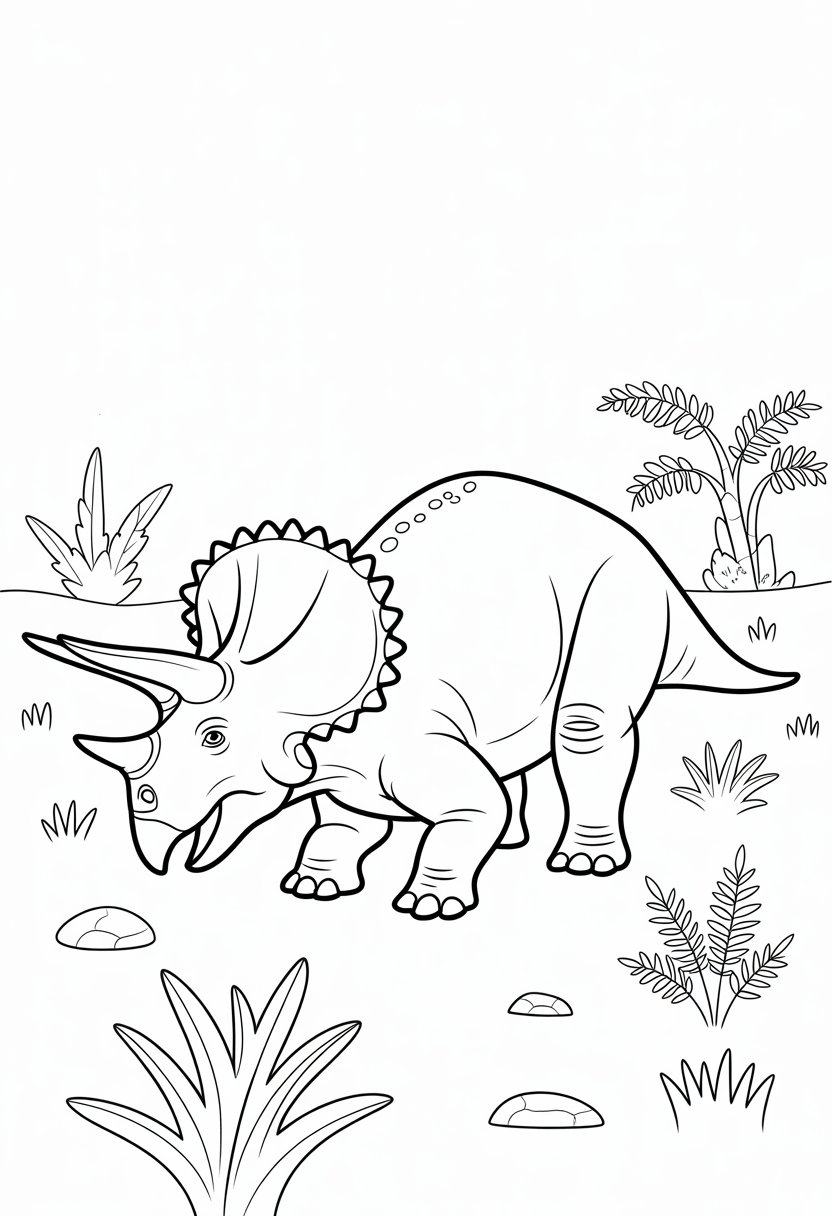 Dinosaur Coloring Pages Printable: Top 20 Designs for All Ages 23 A Triceratops dinosaur grazing among prehistoric plants and rocks.