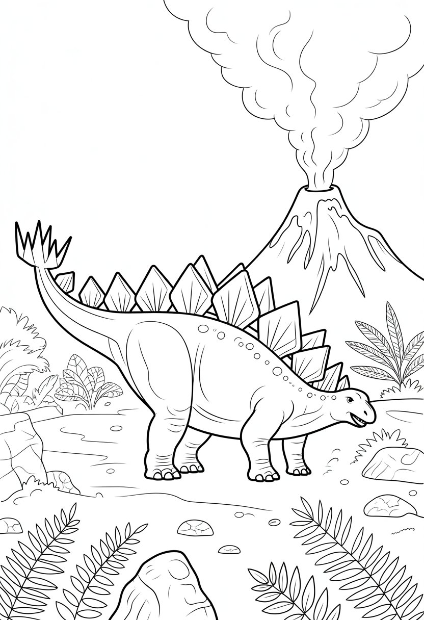 Dinosaur Coloring Pages Printable: Top 20 Designs for All Ages 24 A Stegosaurus dinosaur standing near a volcano with smoke rising, surrounded by rocks and prehistoric plants.