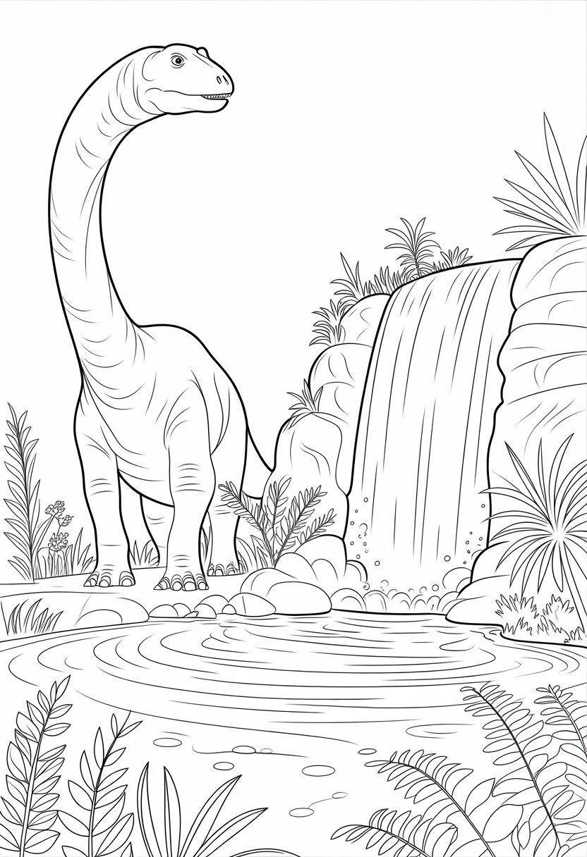 Dinosaur Coloring Pages Printable: Top 20 Designs for All Ages 26 A Brachiosaurus dinosaur standing beside a waterfall with rocks and plants around.